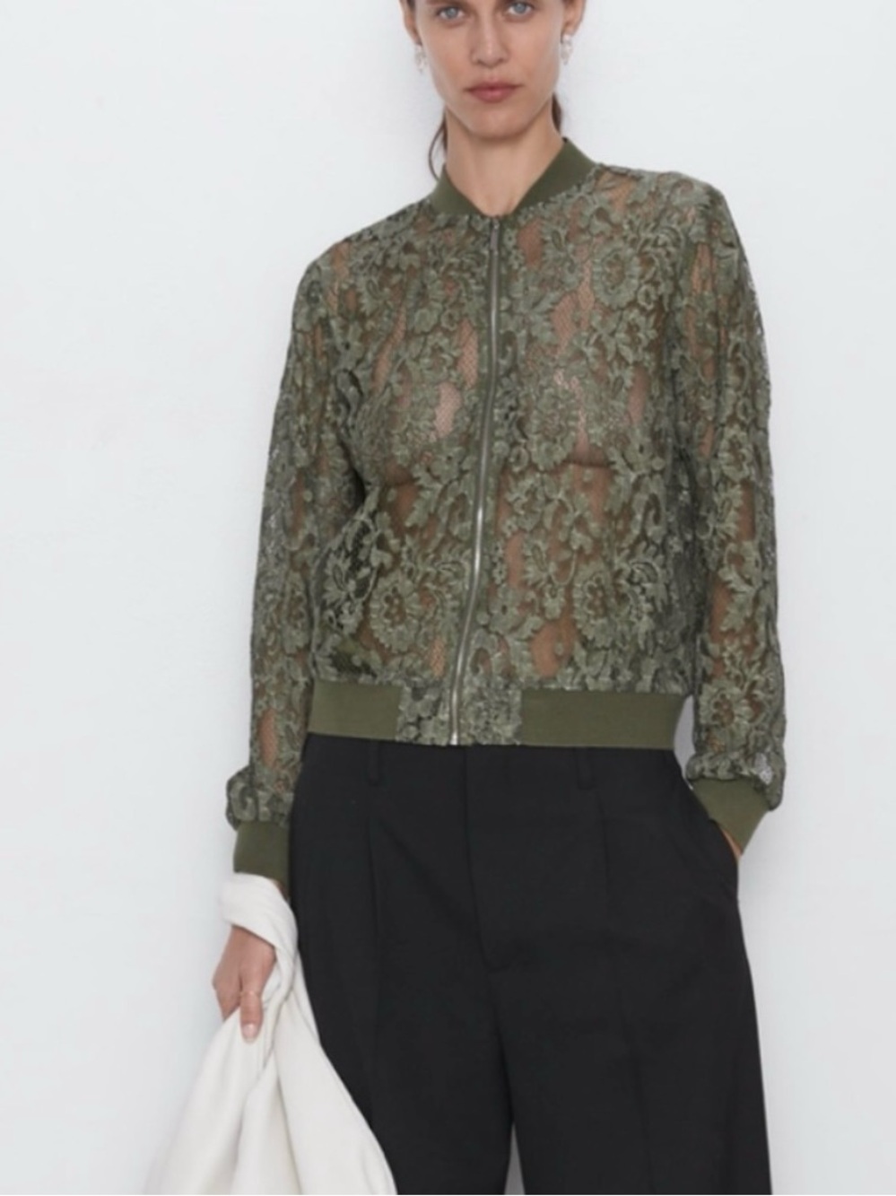 ZARA Olive Green Lace Bomber Jacket Size L